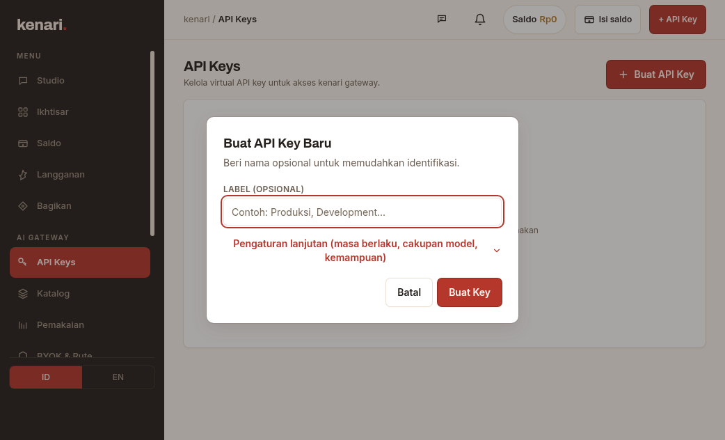 Creating a new API key